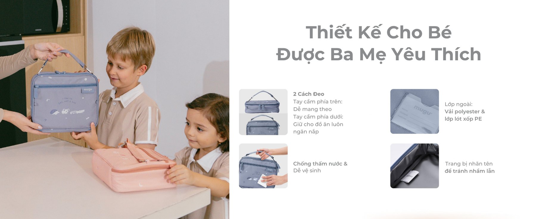 mugu Bộ Hộp Cơm 4 Món Bao Gồm Hộp Cơm Bento, Túi Đựng Hộp Cơm Đa Năng, Bình Uống Nước, Set Muỗng và Nĩa Cho Bé description image