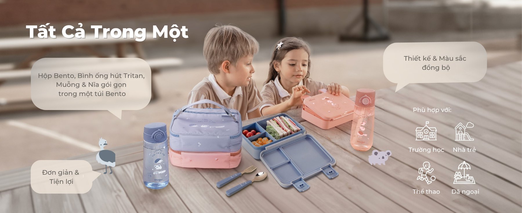 mugu Bộ Hộp Cơm 4 Món Bao Gồm Hộp Cơm Bento, Túi Đựng Hộp Cơm Đa Năng, Bình Uống Nước, Set Muỗng và Nĩa Cho Bé description image