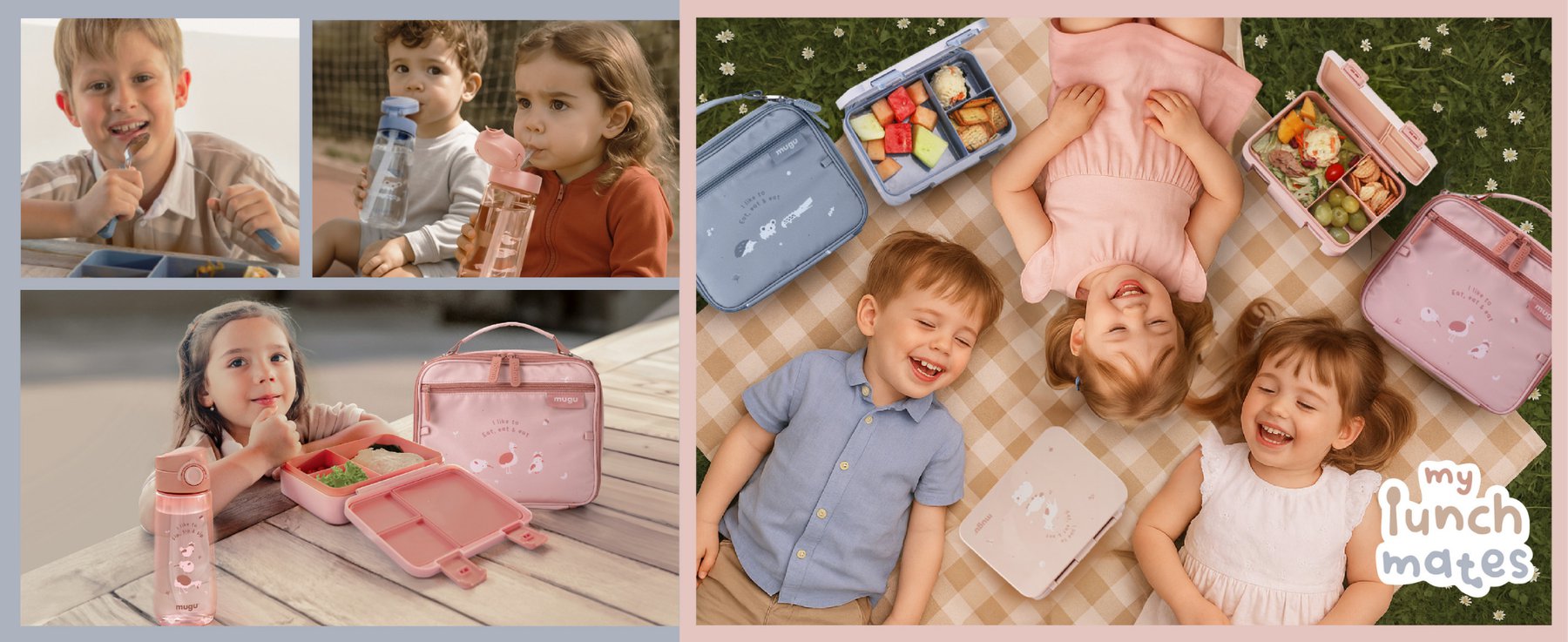 mugu Bộ Hộp Cơm 4 Món Bao Gồm Hộp Cơm Bento, Túi Đựng Hộp Cơm Đa Năng, Bình Uống Nước, Set Muỗng và Nĩa Cho Bé description image