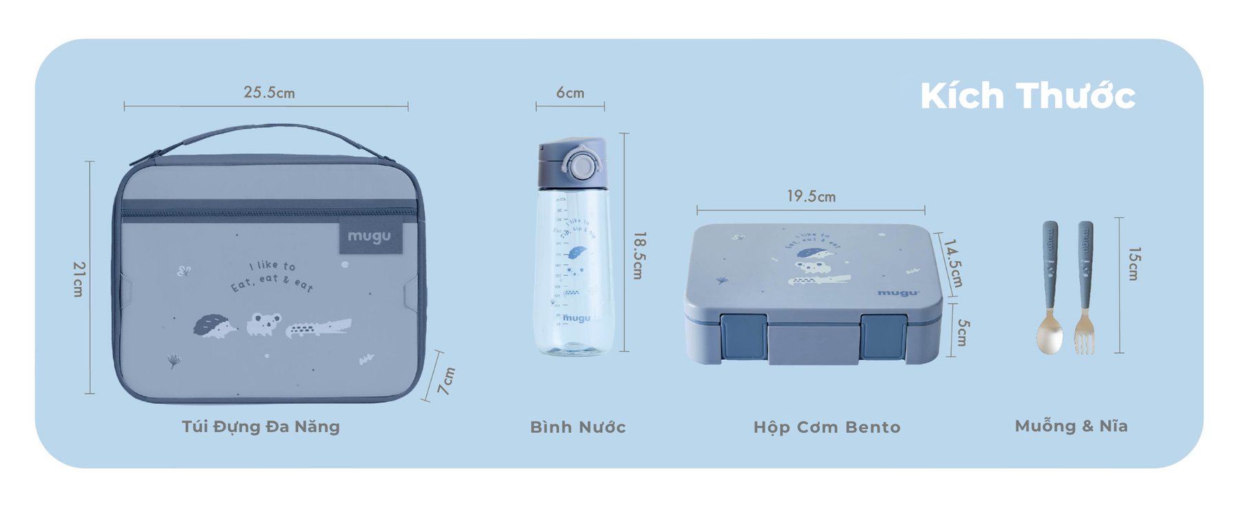 mugu Bộ Hộp Cơm 4 Món Bao Gồm Hộp Cơm Bento, Túi Đựng Hộp Cơm Đa Năng, Bình Uống Nước, Set Muỗng và Nĩa Cho Bé description image