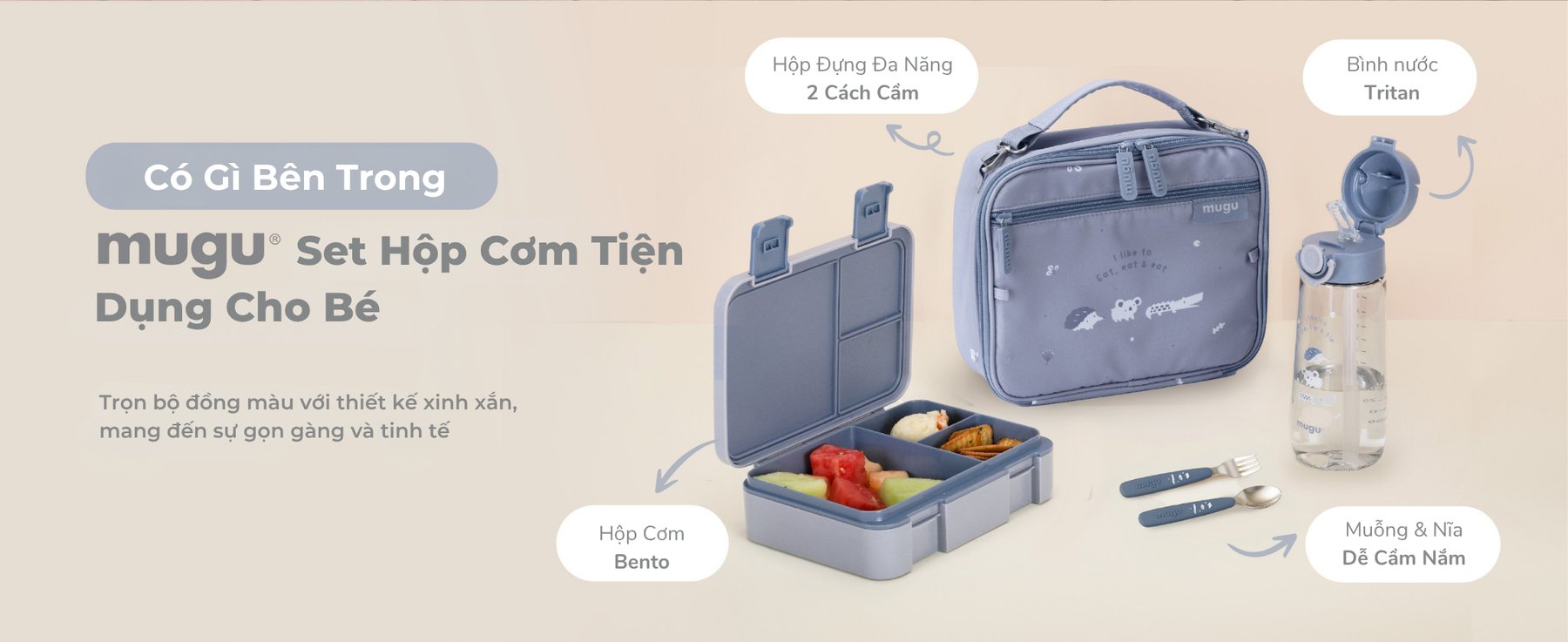 mugu Bộ Hộp Cơm 4 Món Bao Gồm Hộp Cơm Bento, Túi Đựng Hộp Cơm Đa Năng, Bình Uống Nước, Set Muỗng và Nĩa Cho Bé description image