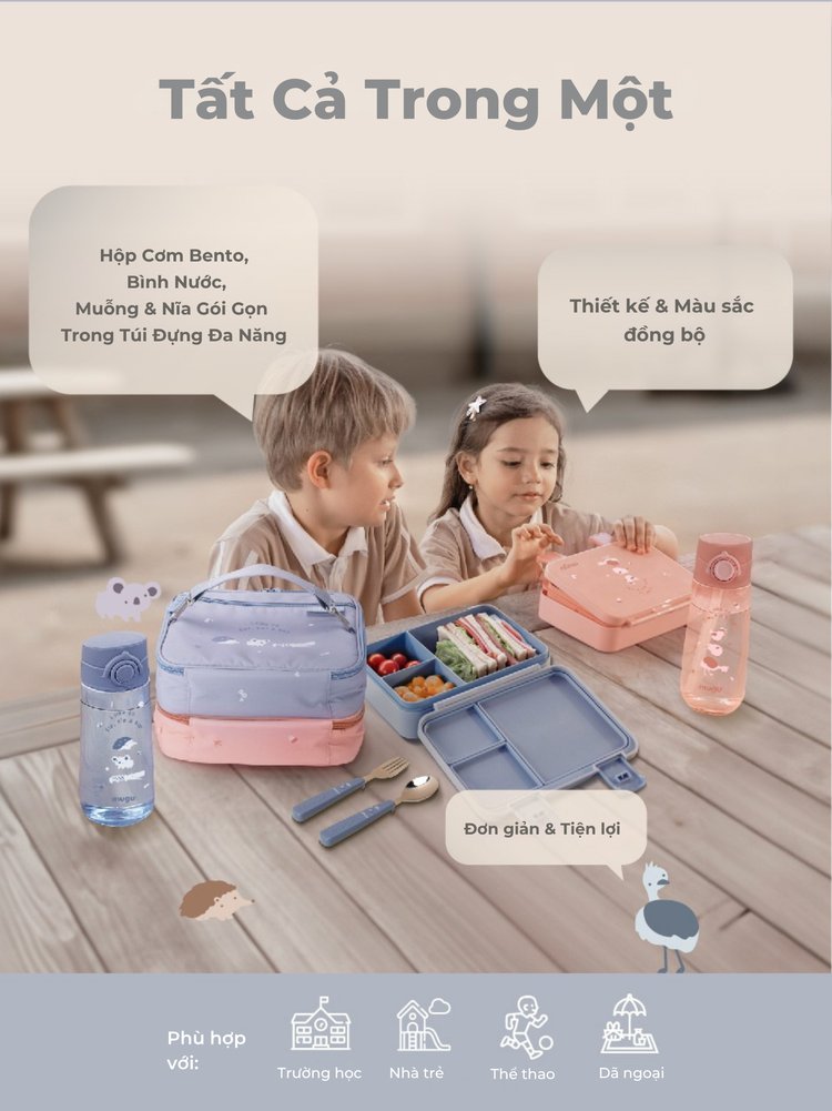mugu Bộ Hộp Cơm 4 Món Bao Gồm Hộp Cơm Bento, Túi Đựng Hộp Cơm Đa Năng, Bình Uống Nước, Set Muỗng và Nĩa Cho Bé description image