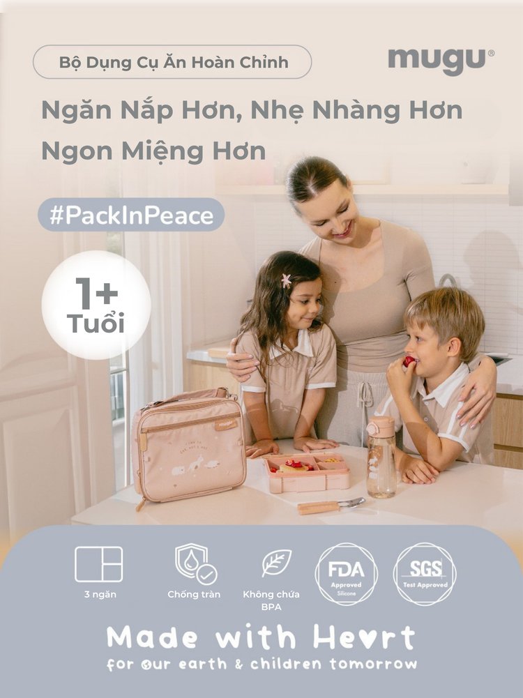 mugu Bộ Hộp Cơm 4 Món Bao Gồm Hộp Cơm Bento, Túi Đựng Hộp Cơm Đa Năng, Bình Uống Nước, Set Muỗng và Nĩa Cho Bé description image