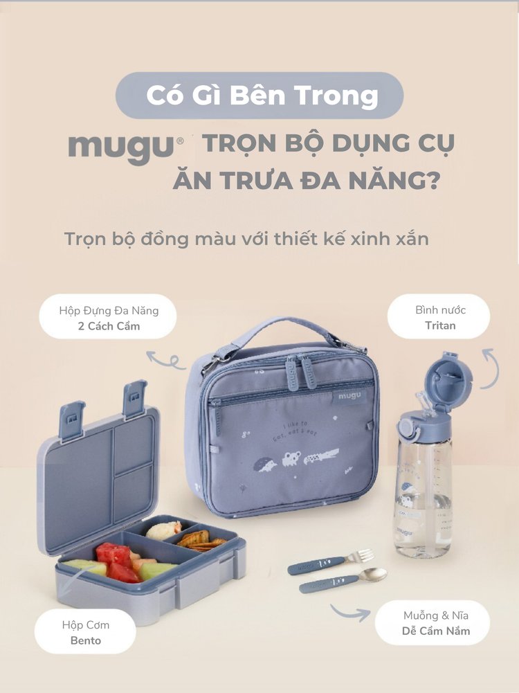 mugu Bộ Hộp Cơm 4 Món Bao Gồm Hộp Cơm Bento, Túi Đựng Hộp Cơm Đa Năng, Bình Uống Nước, Set Muỗng và Nĩa Cho Bé description image