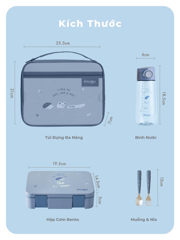 mugu Bộ Hộp Cơm 4 Món Bao Gồm Hộp Cơm Bento, Túi Đựng Hộp Cơm Đa Năng, Bình Uống Nước, Set Muỗng và Nĩa Cho Bé description image