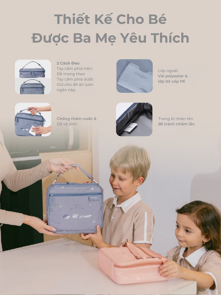 mugu Bộ Hộp Cơm 4 Món Bao Gồm Hộp Cơm Bento, Túi Đựng Hộp Cơm Đa Năng, Bình Uống Nước, Set Muỗng và Nĩa Cho Bé description image