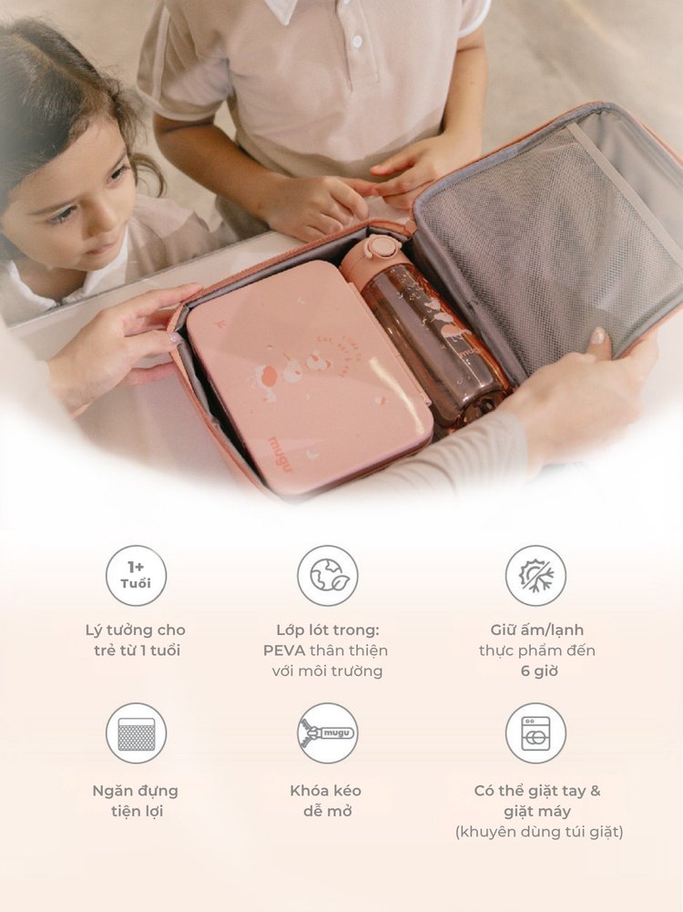 mugu Bộ Hộp Cơm 4 Món Bao Gồm Hộp Cơm Bento, Túi Đựng Hộp Cơm Đa Năng, Bình Uống Nước, Set Muỗng và Nĩa Cho Bé description image