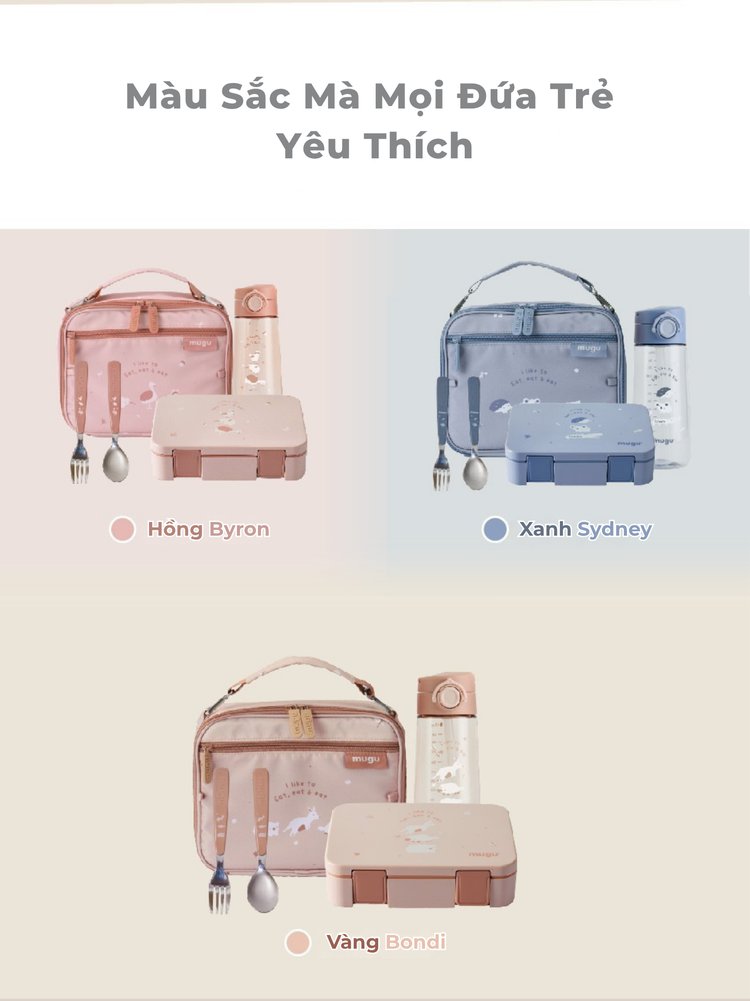 mugu Bộ Hộp Cơm 4 Món Bao Gồm Hộp Cơm Bento, Túi Đựng Hộp Cơm Đa Năng, Bình Uống Nước, Set Muỗng và Nĩa Cho Bé description image