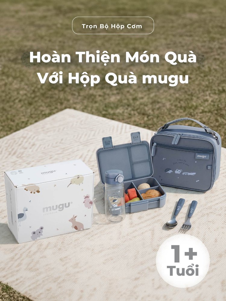 mugu Bộ Hộp Cơm 4 Món Bao Gồm Hộp Cơm Bento, Túi Đựng Hộp Cơm Đa Năng, Bình Uống Nước, Set Muỗng và Nĩa Cho Bé description image
