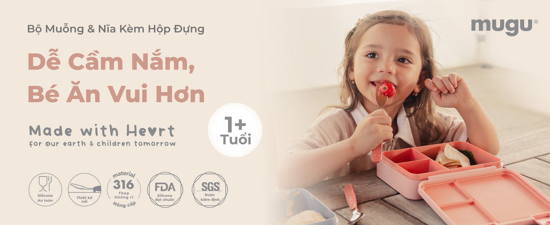 Bộ Muỗng Nĩa Tập Ăn Kèm Hộp Đựng mugu 316 Inox description image