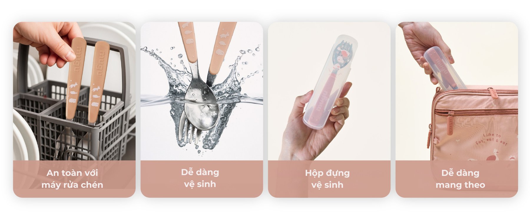 Bộ Muỗng Nĩa Tập Ăn Kèm Hộp Đựng mugu 316 Inox description image