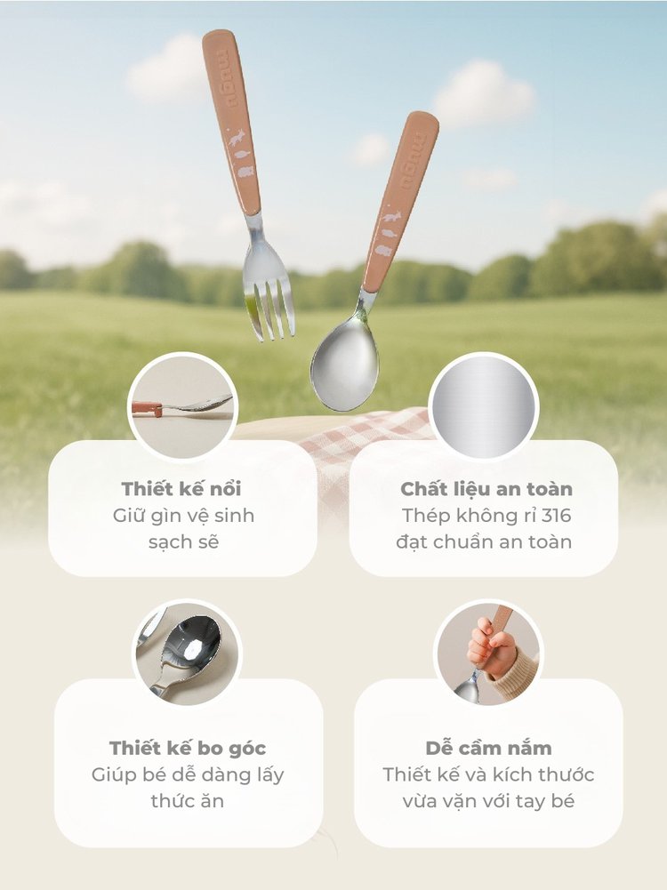 Bộ Muỗng Nĩa Tập Ăn Kèm Hộp Đựng mugu 316 Inox description image