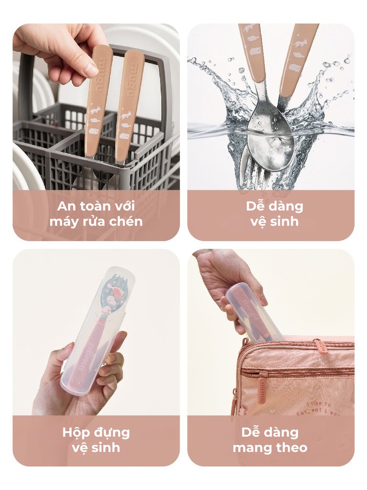 Bộ Muỗng Nĩa Tập Ăn Kèm Hộp Đựng mugu 316 Inox description image