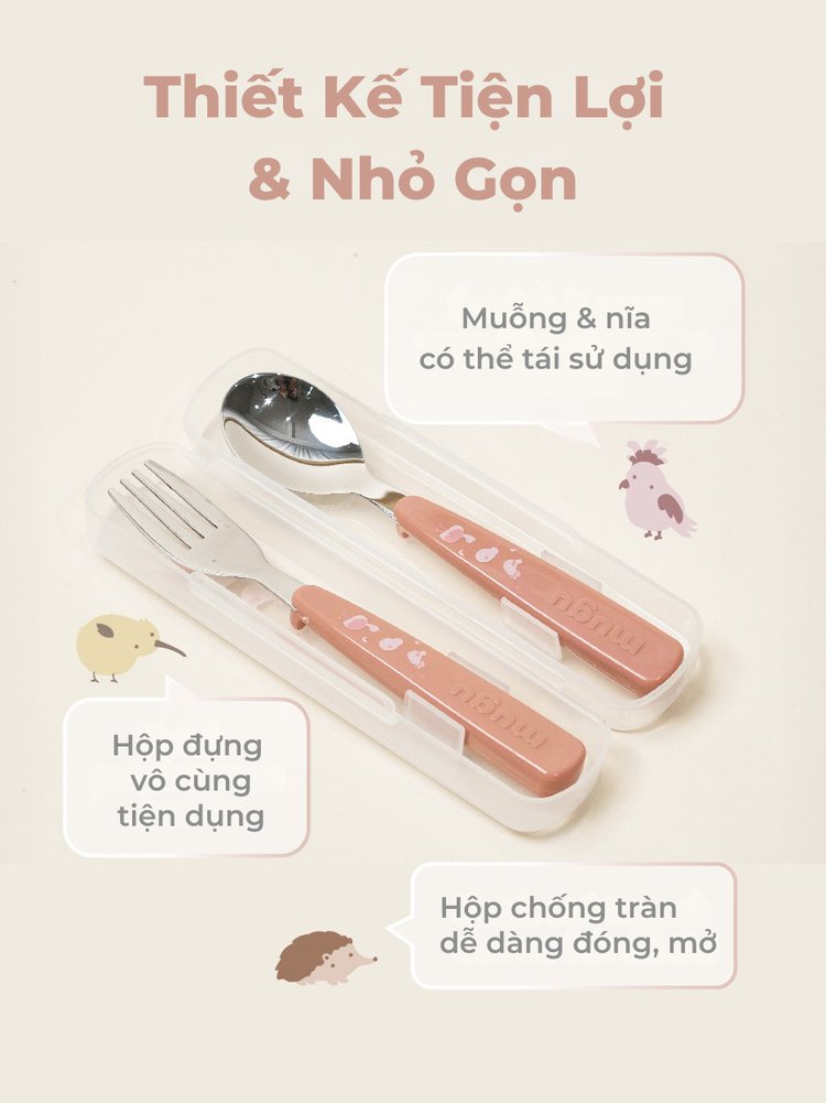 Bộ Muỗng Nĩa Tập Ăn Kèm Hộp Đựng mugu 316 Inox description image