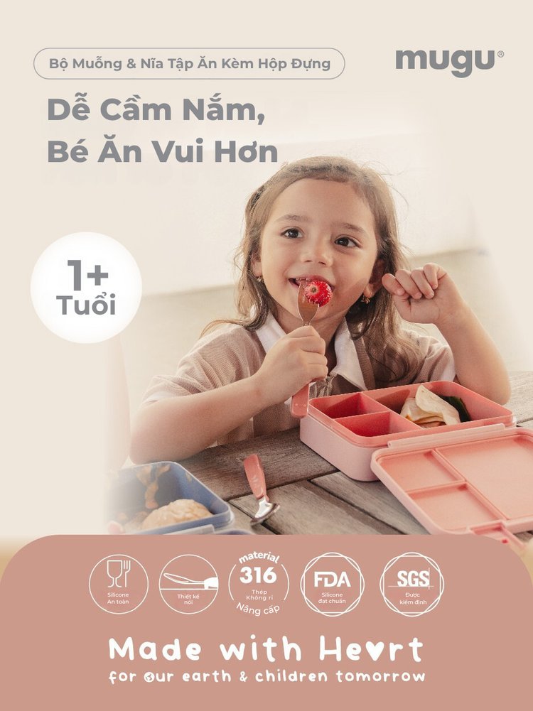 Bộ Muỗng Nĩa Tập Ăn Kèm Hộp Đựng mugu 316 Inox description image