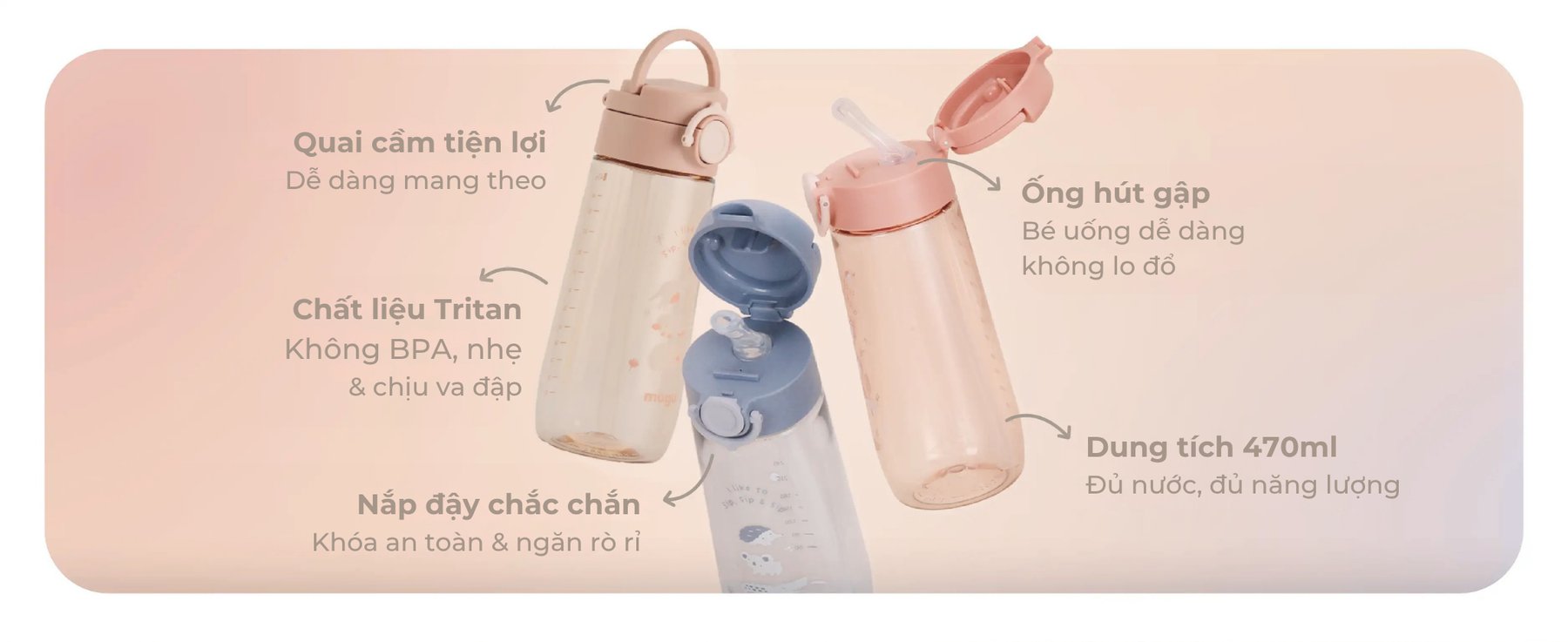 mugu Bình Nước Tritan Cho Bé Có Ống Hút description image