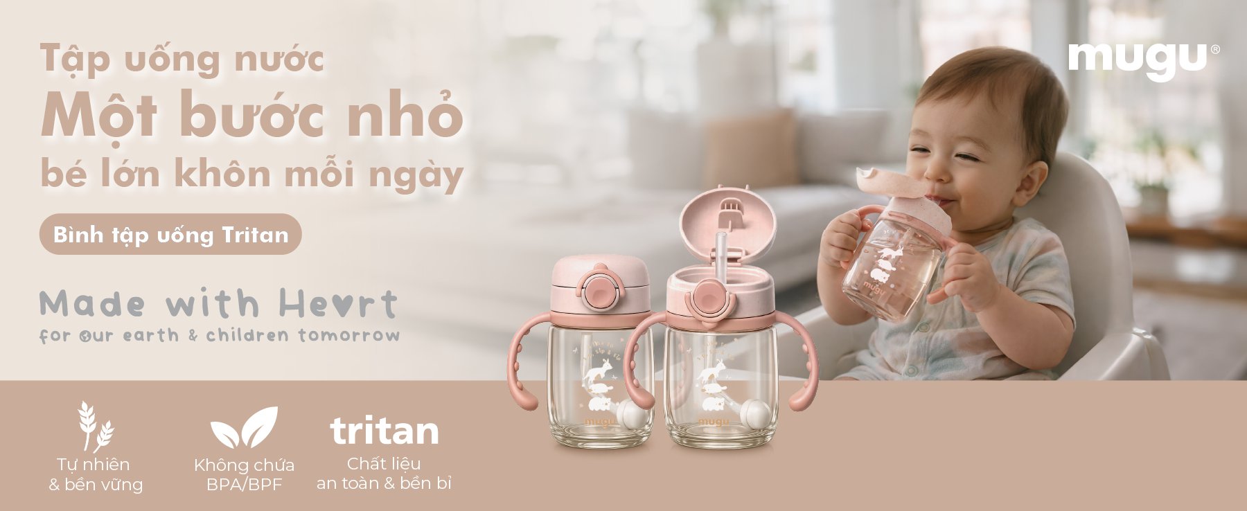 mugu Bình Tập Uống 360 độ Tritan Lúa Mạch Cho Bé - Thiết Kế Mới description image