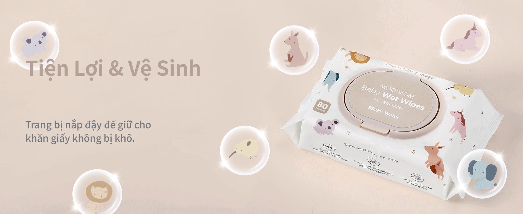 MOOIMOM x mugu Khăn Ướt Cho Bé 99% Nước Tinh Kiết EDI (80 miếng) description image