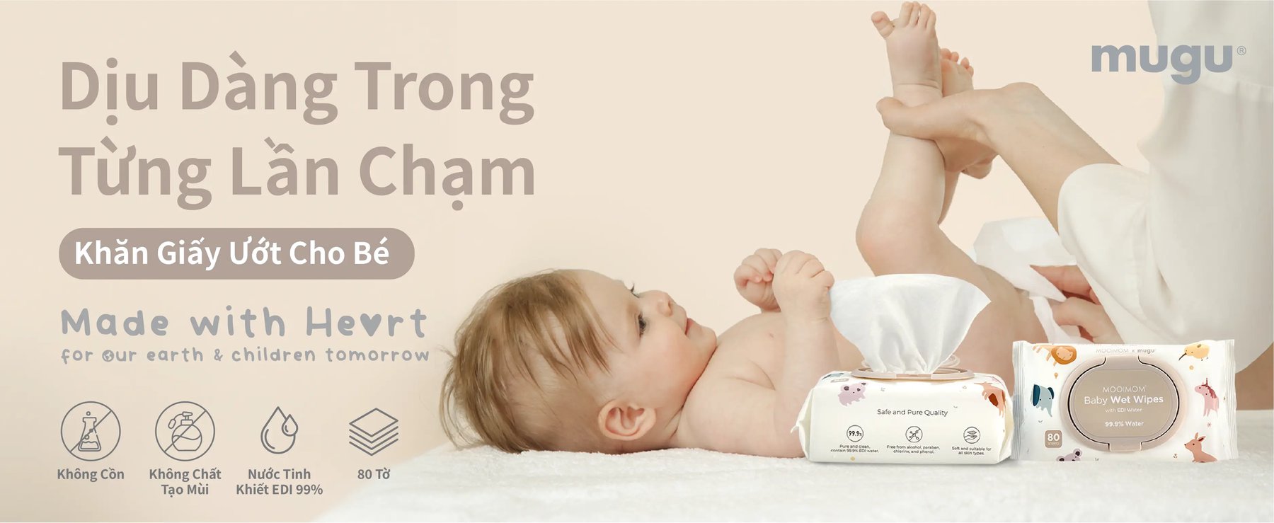 MOOIMOM x mugu Khăn Ướt Cho Bé 99% Nước Tinh Kiết EDI (80 miếng) description image