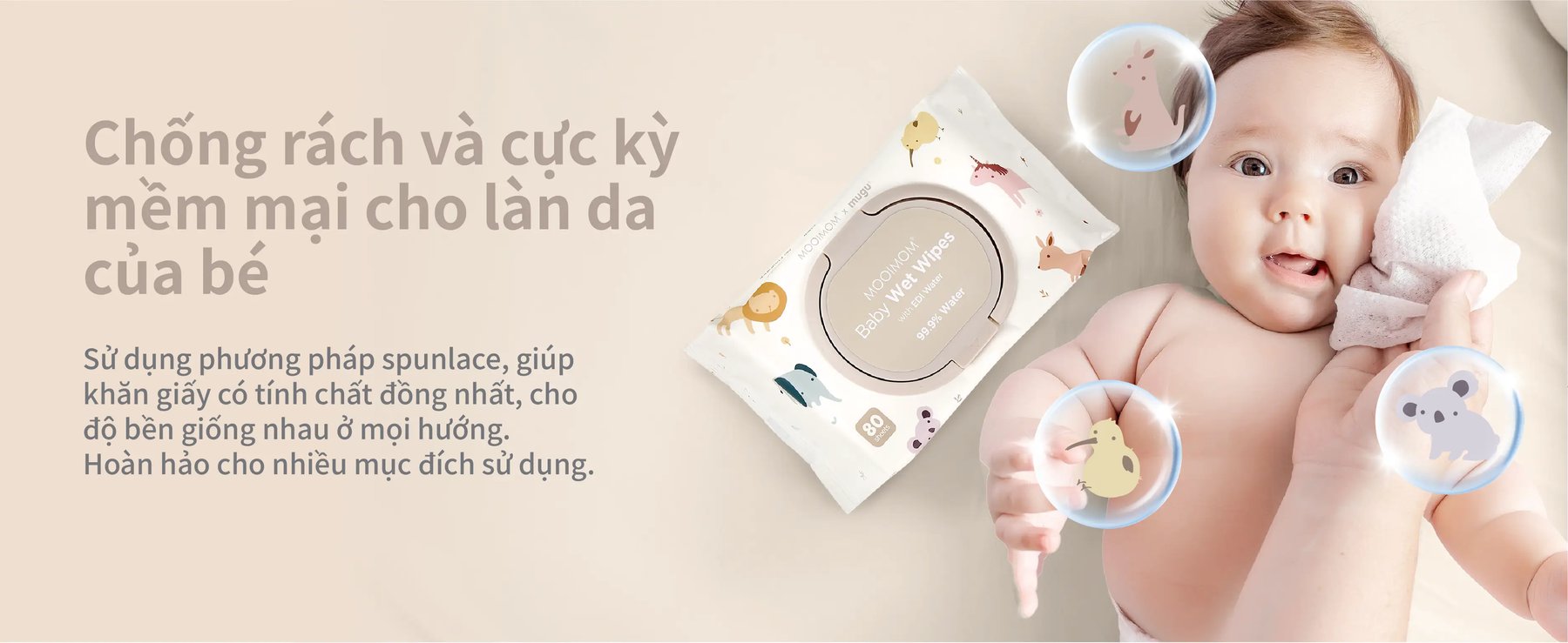 MOOIMOM x mugu Khăn Ướt Cho Bé 99% Nước Tinh Kiết EDI (80 miếng) description image