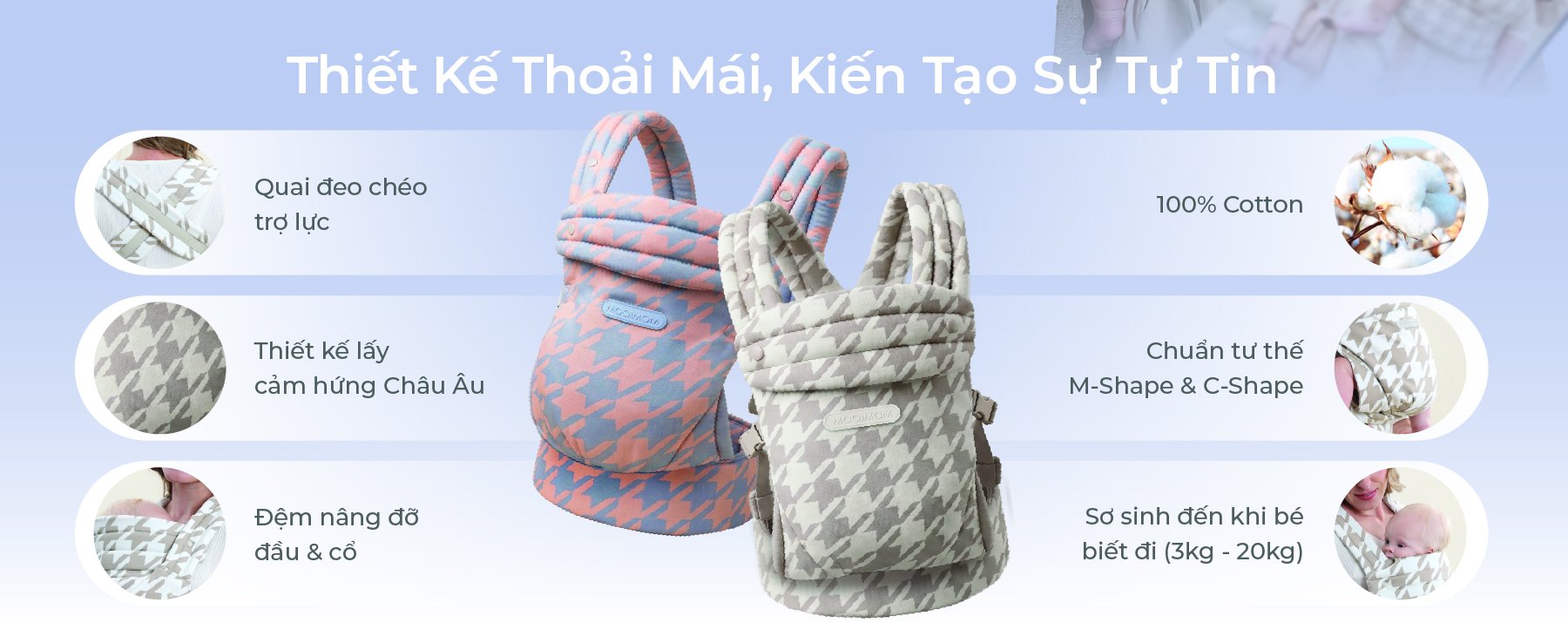 [PRE ORDER] Địu Em Bé MOOIMOM Evolve Cotton Thoáng Khí, Trợ Lực Cho Bé Sơ Sinh description image