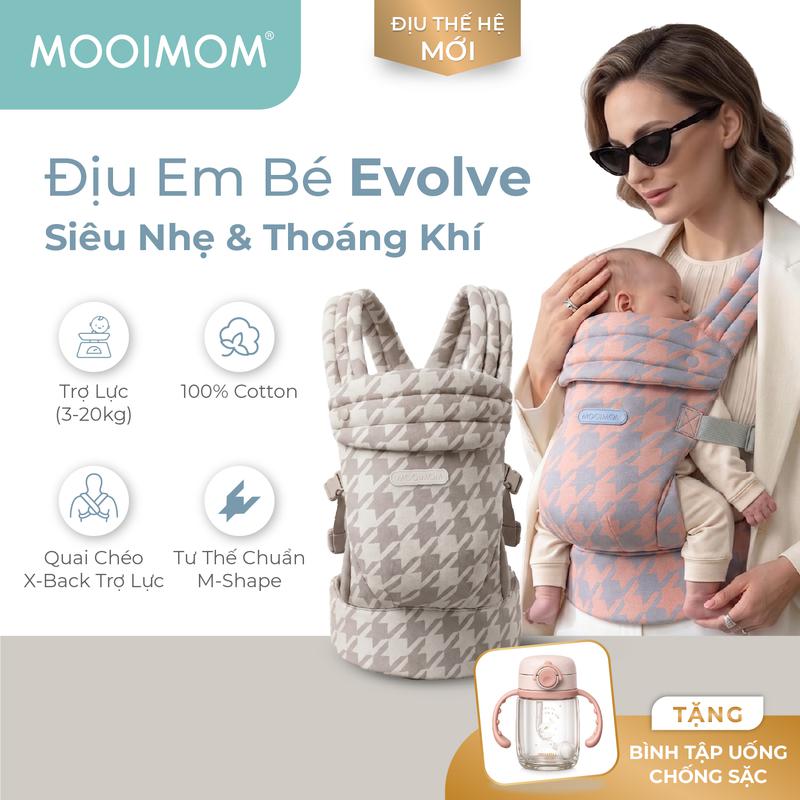 Địu Em Bé MOOIMOM Evolve Cotton Thoáng Khí, Trợ Lực Cho Bé Sơ Sinh