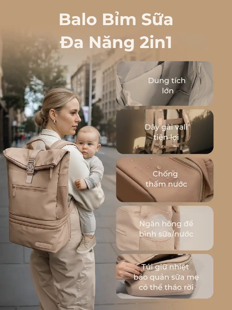 MOOIMOM Túi Bỉm Sữa Đa Năng 2in1 description image