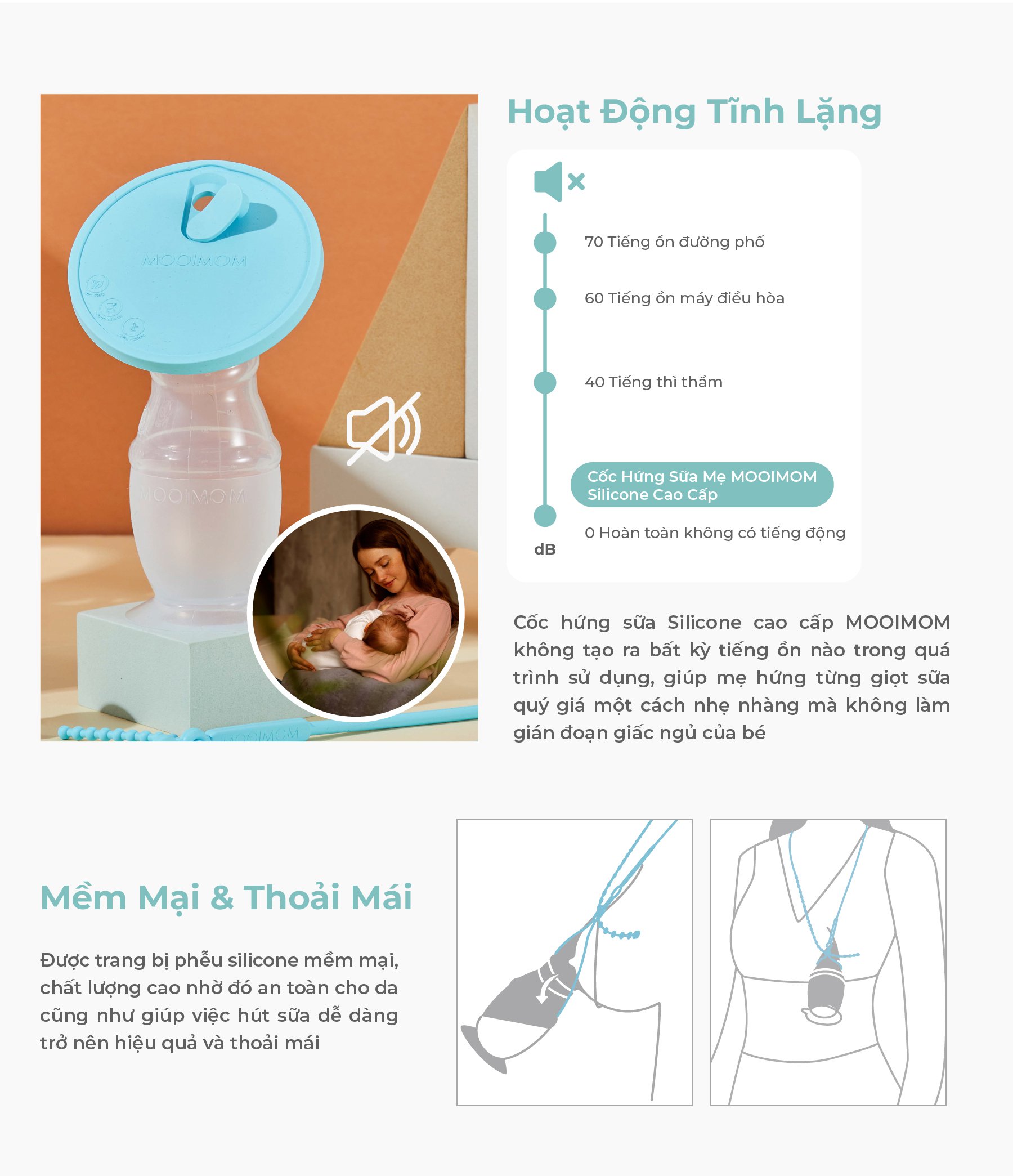 MOOIMOM Cốc Hứng Sữa Silicone Cao Cấp Cho Mẹ Sau Sinh Chống Tràn, Kèm Nắp Đậy & Dây Đeo Tiện Lợi description image