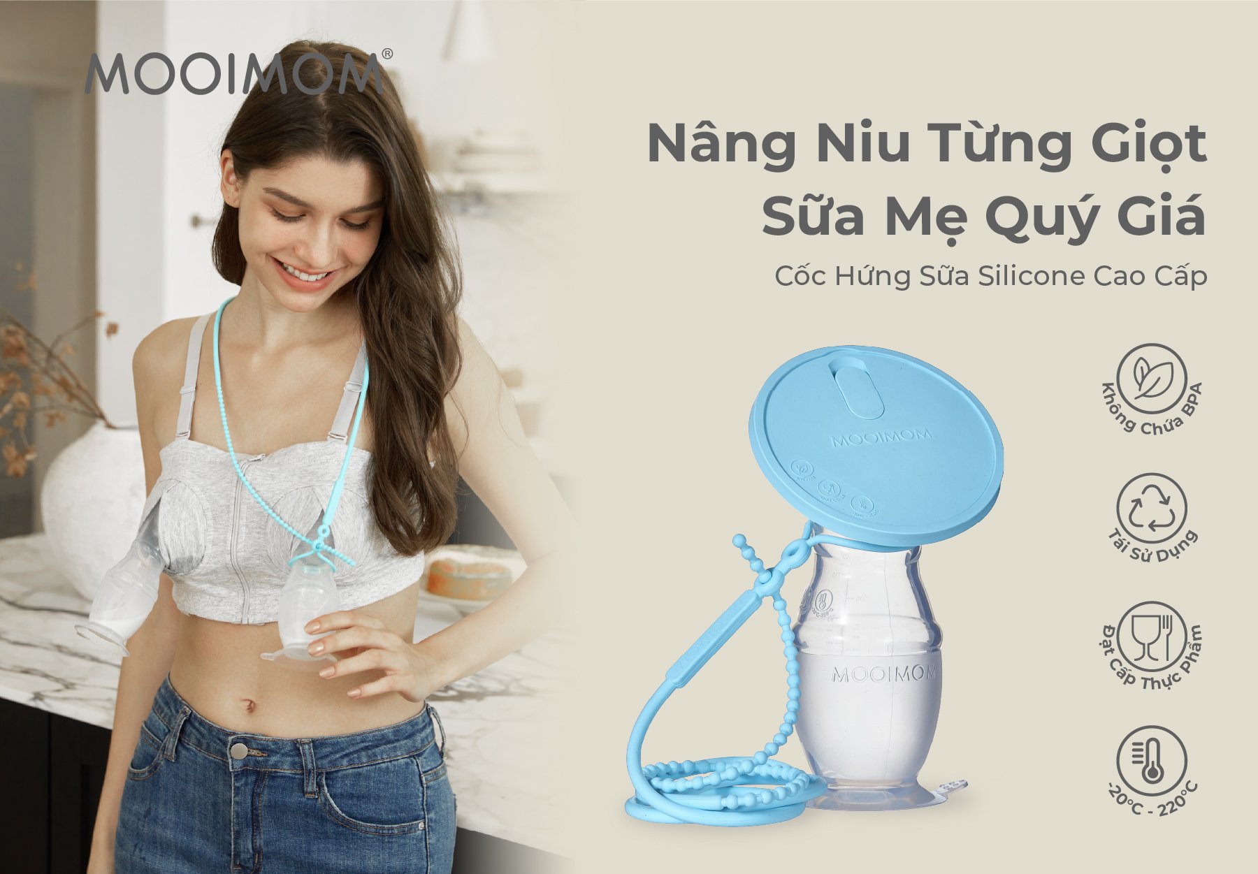 MOOIMOM Cốc Hứng Sữa Silicone Cao Cấp Cho Mẹ Sau Sinh Chống Tràn, Kèm Nắp Đậy & Dây Đeo Tiện Lợi description image