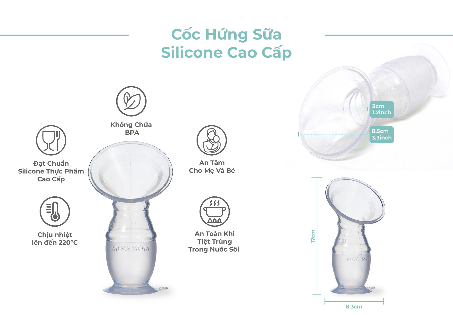 MOOIMOM Cốc Hứng Sữa Silicone Cao Cấp Cho Mẹ Sau Sinh Chống Tràn, Kèm Nắp Đậy & Dây Đeo Tiện Lợi description image