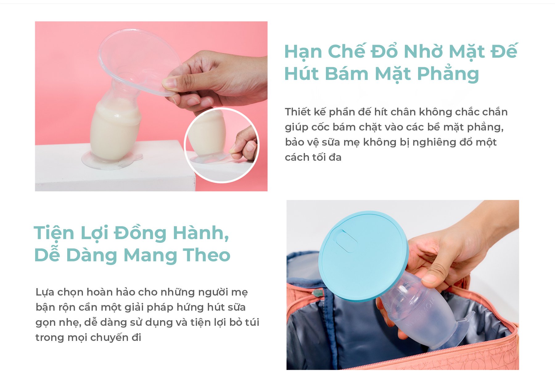 MOOIMOM Cốc Hứng Sữa Silicone Cao Cấp Cho Mẹ Sau Sinh Chống Tràn, Kèm Nắp Đậy & Dây Đeo Tiện Lợi description image