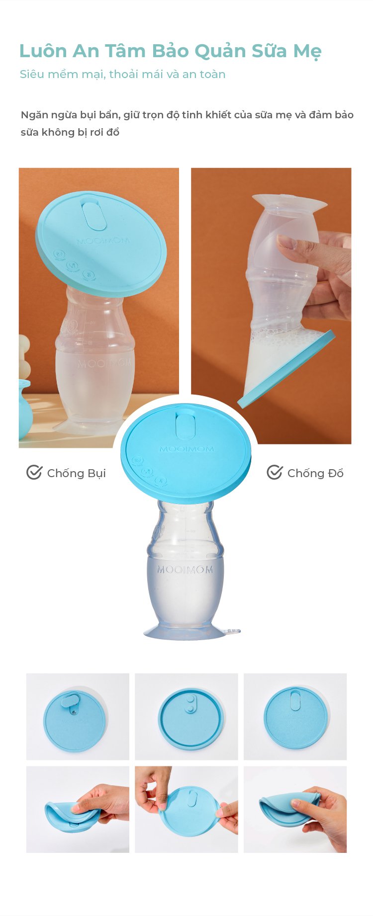 MOOIMOM Cốc Hứng Sữa Silicone Cao Cấp Cho Mẹ Sau Sinh Chống Tràn, Kèm Nắp Đậy & Dây Đeo Tiện Lợi description image