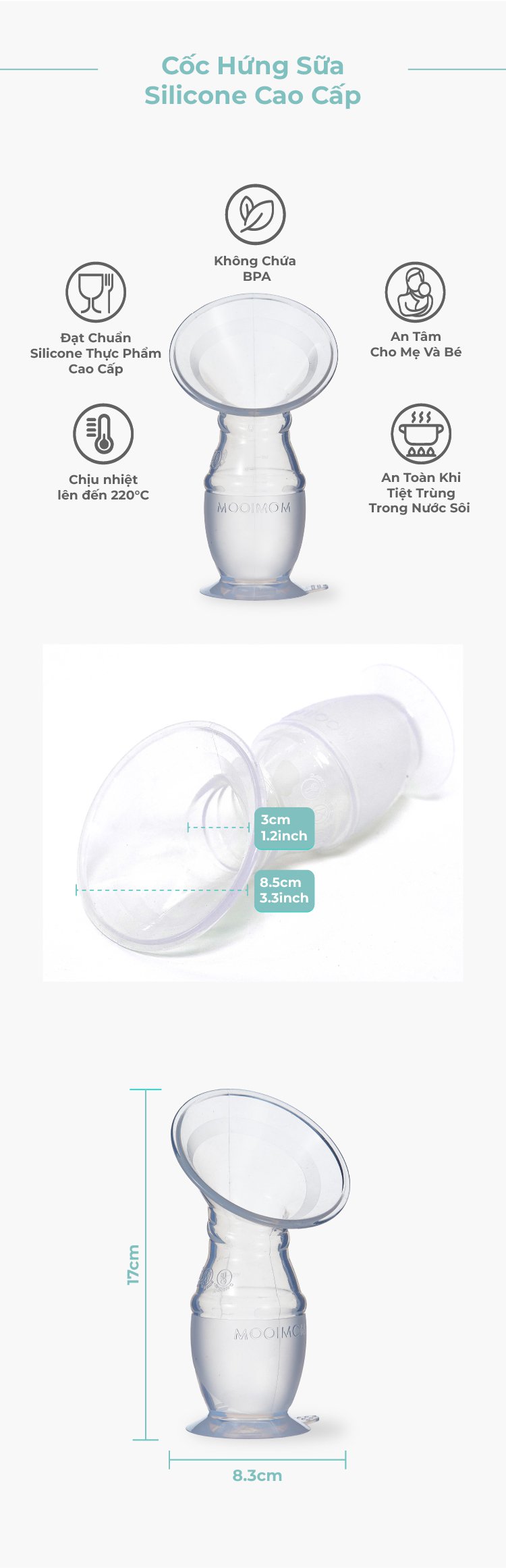 MOOIMOM Cốc Hứng Sữa Silicone Cao Cấp Cho Mẹ Sau Sinh Chống Tràn, Kèm Nắp Đậy & Dây Đeo Tiện Lợi description image