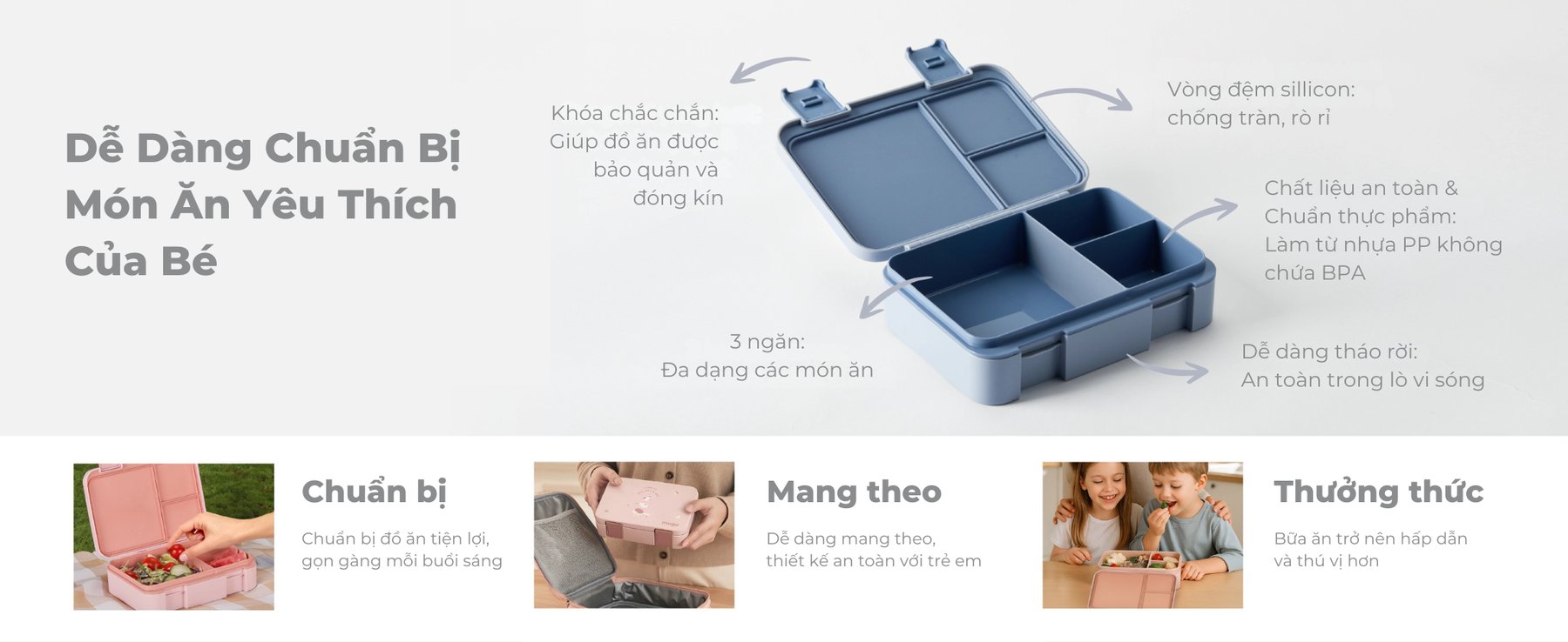 mugu Bộ Hộp Cơm 3 Món Bao Gồm Hộp Cơm Bento, Túi Đựng Hộp Cơm Đa Năng, Set Muỗng và Nĩa Cho Bé description image