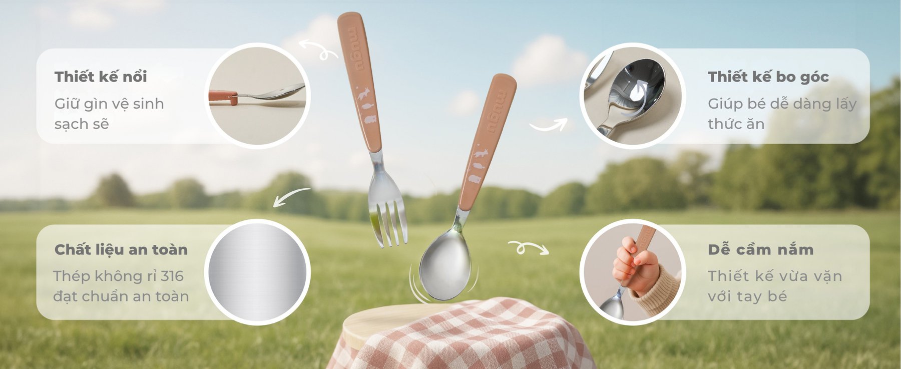 mugu Bộ Hộp Cơm 3 Món Bao Gồm Hộp Cơm Bento, Túi Đựng Hộp Cơm Đa Năng, Set Muỗng và Nĩa Cho Bé description image