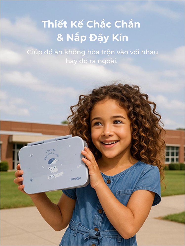 mugu Bộ Hộp Cơm 3 Món Bao Gồm Hộp Cơm Bento, Túi Đựng Hộp Cơm Đa Năng, Set Muỗng và Nĩa Cho Bé description image
